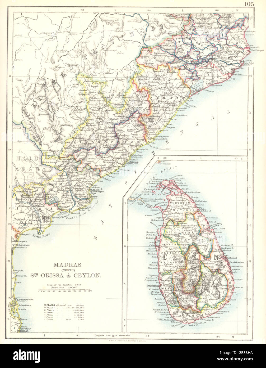 Inde : l'Andhra Pradesh, Orissa Madras Chennai Ceylan Sri Lanka, 1897 carte antique Banque D'Images