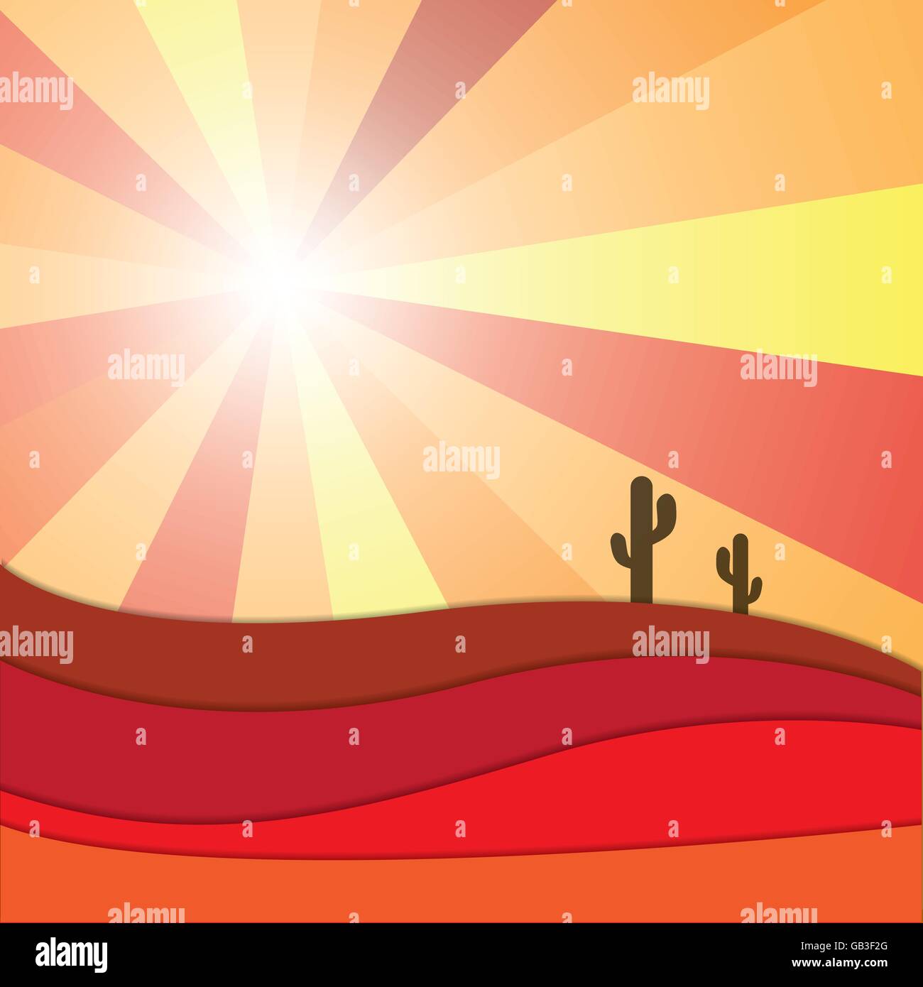 Résumé soleil rayon de lumière sur les dunes de sable, désert et cactus vector graphic design background Illustration de Vecteur