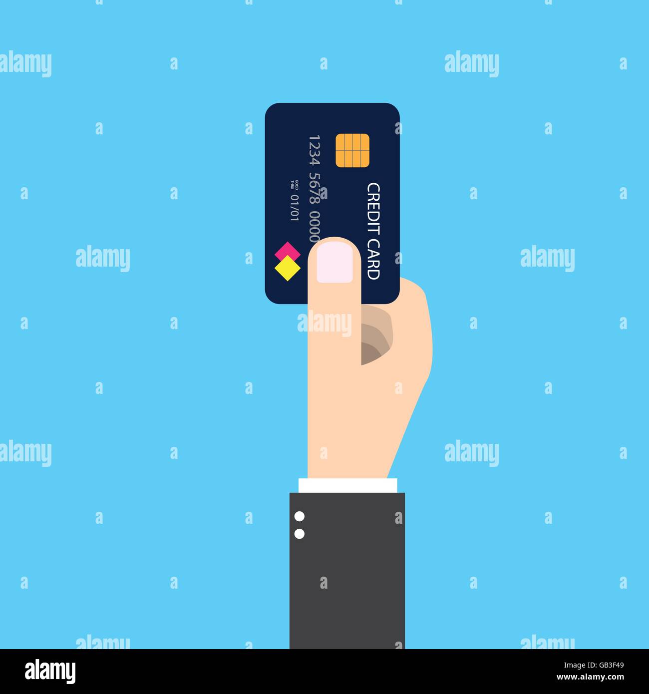 Businessman holding credit card isolé dans sa main droite. L'avenir de payer de l'argent d'acheter quelque chose en faisant des graphiques vectoriels dept. Illustration de Vecteur