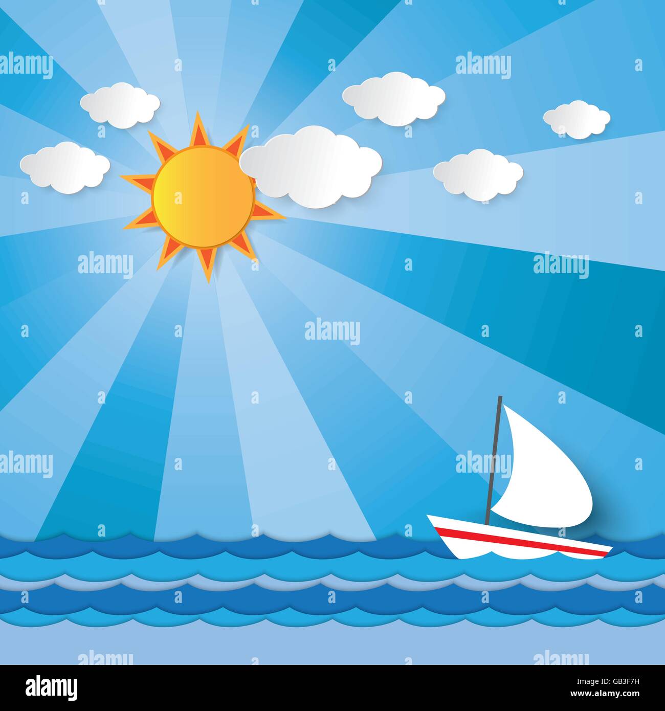 Bateau naviguant contre la vague dans la mer sous le soleil brillant rayon de lumière en été vecteur conception graphique pour l'arrière-plan Illustration de Vecteur
