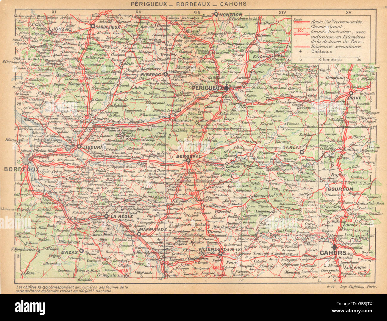 DORDOGNE : Périgueux- Bordeaux- Cahors, 1922 carte vintage Banque D'Images