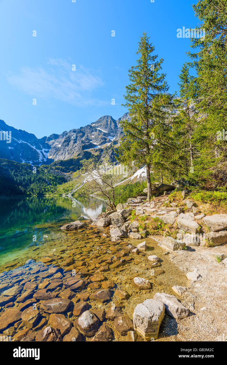 Le long chemin de l'eau vert magnifique lac Morskie Oko, Tatras, Pologne Banque D'Images
