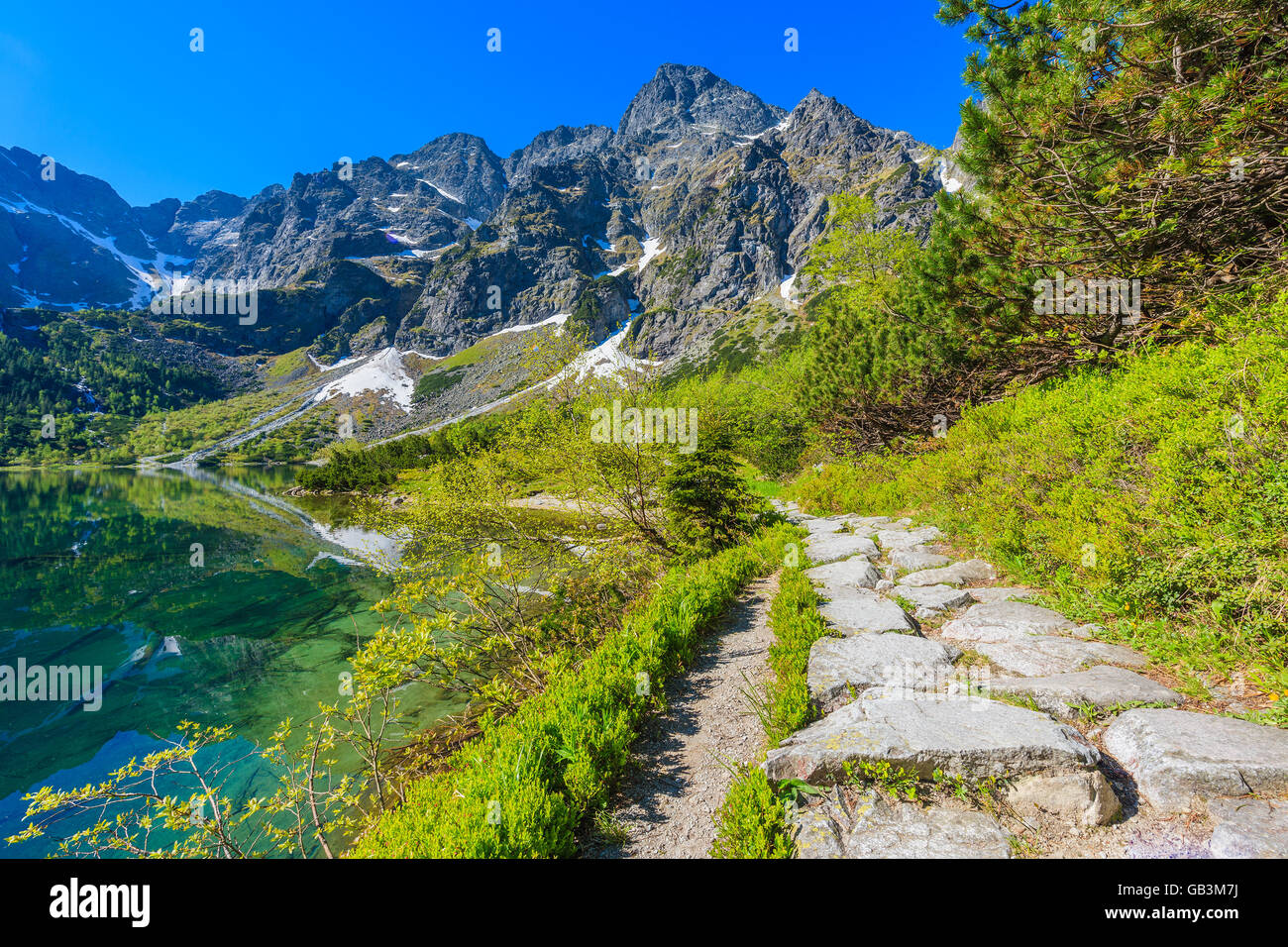 Le long chemin de l'eau vert magnifique lac Morskie Oko, Tatras, Pologne Banque D'Images