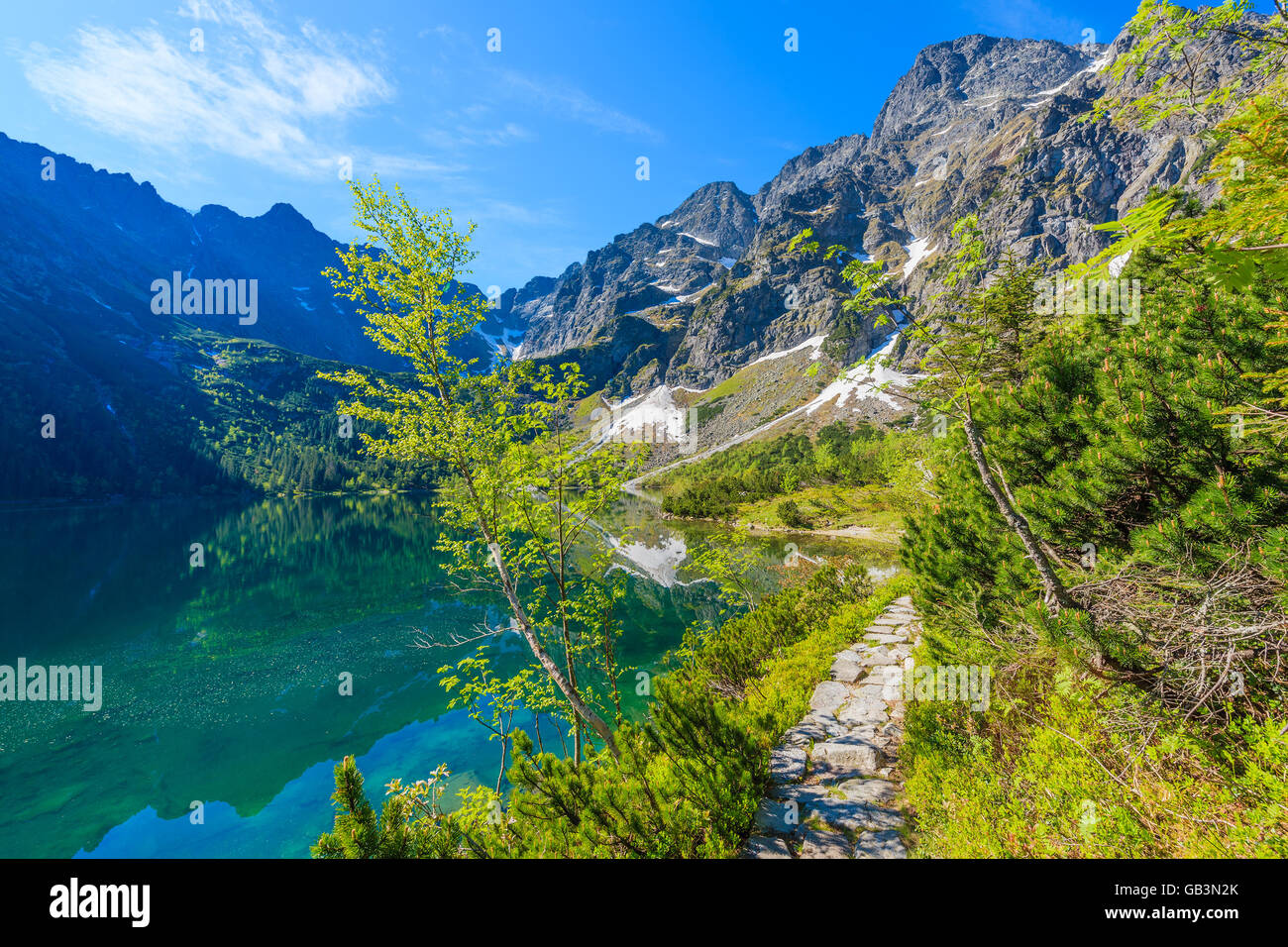 Le long chemin de l'eau vert magnifique lac Morskie Oko, Tatras, Pologne Banque D'Images