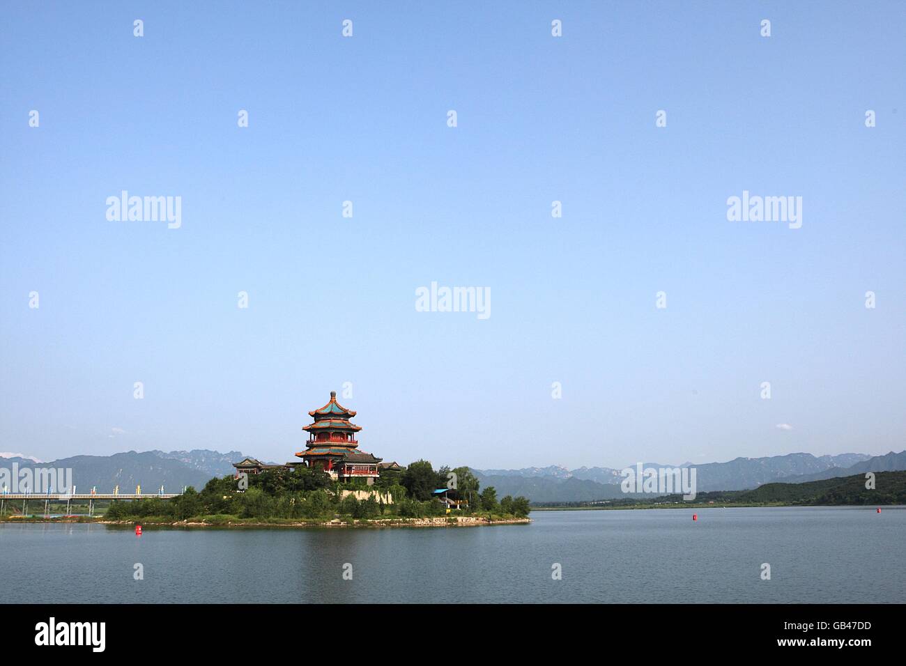 Vue générale du site du Trialthlon au réservoir Ming Tomb, dans le district de Changping, dans le nord de Beijing, le 10 e jour des Jeux Olympiques de 2008 à Beijing. Banque D'Images