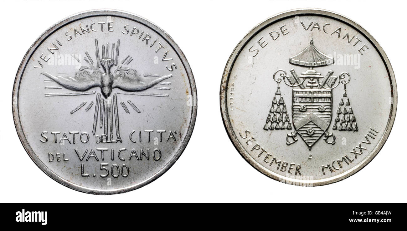 Vacance papale voir 1978 uncircoled septembre silver coin isolé sur blanc, devant avec Veni Sancte Spiritus Banque D'Images