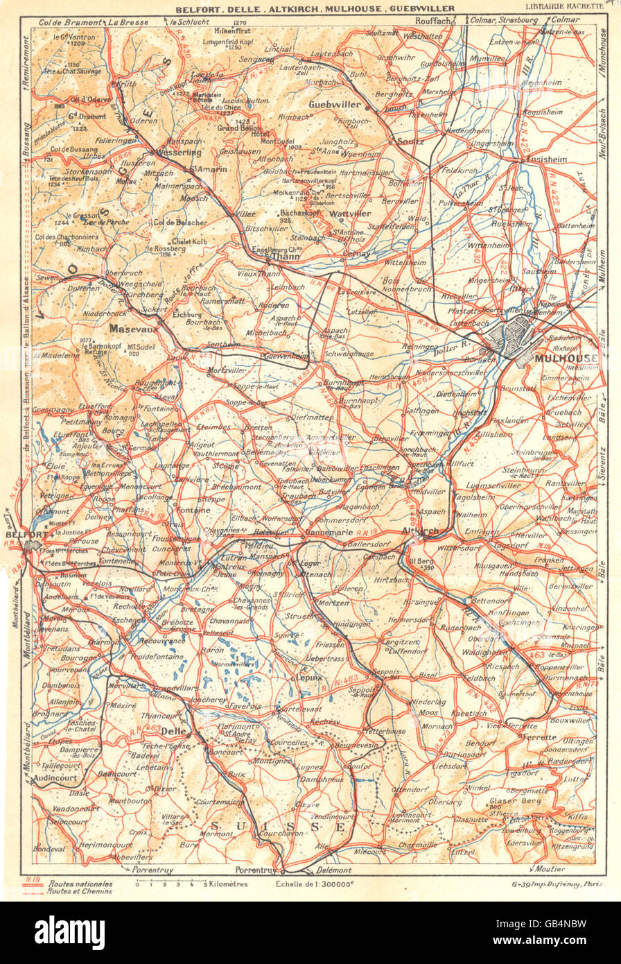 HAUT- RHIN : Belfort, Delle, Altkirch, Mulhouse, Guebwiller, 1939 carte vintage Banque D'Images
