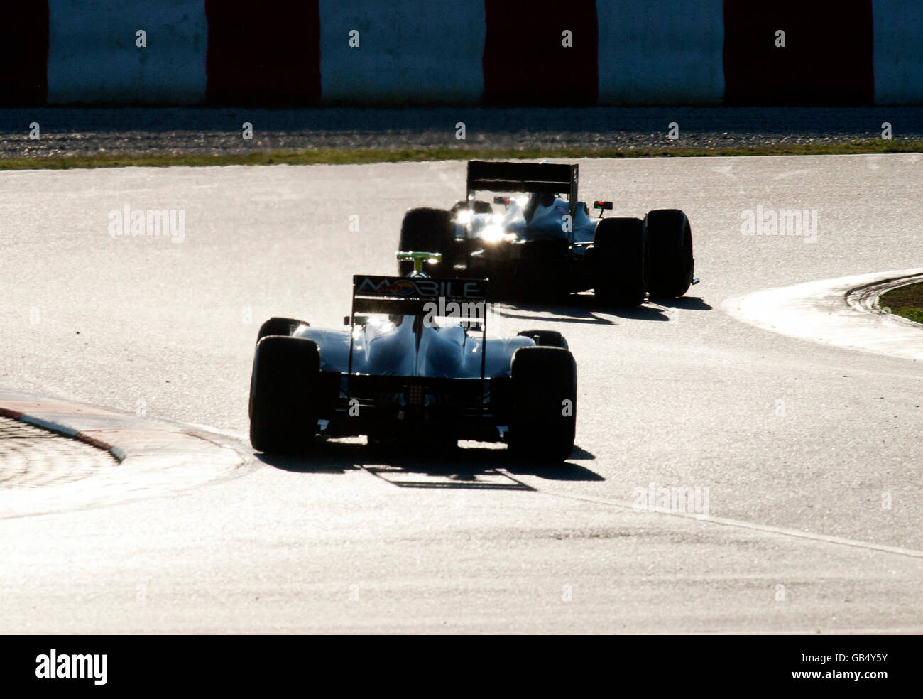 Deux voitures de Formule 1, essais au Circuit de Catalogne à Barcelone, Espagne, Europe Banque D'Images