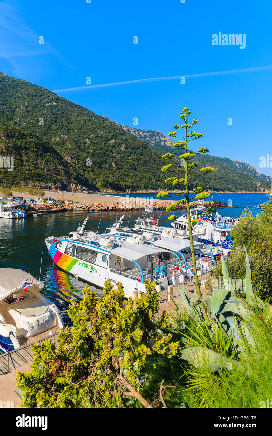 PORTO, CORSE - 27 juin 2015 : bateaux dans le port de Porto par beau jour d'été. Porto est un petit village à l'ouest de la Corse Banque D'Images