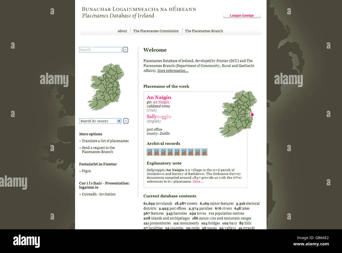 Les noms de lieux irlandais site web lancé Banque D'Images