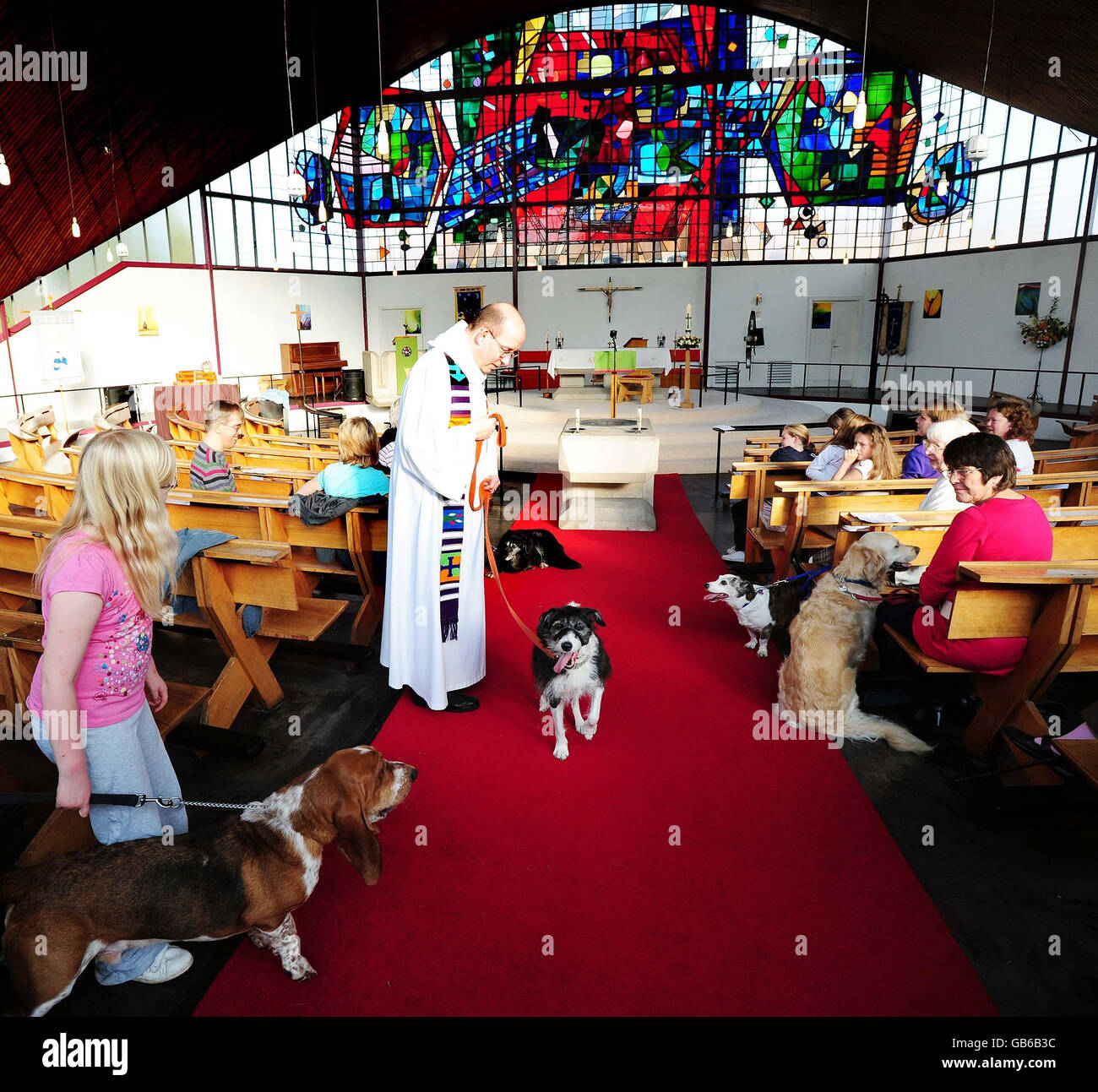 Les propriétaires d'animaux de compagnie avec leurs animaux de compagnie lors d'un service d'église spécial en reconnaissance de Saint François d'Assise à l'église Saint-Jean-Baptiste, Lincoln. Banque D'Images