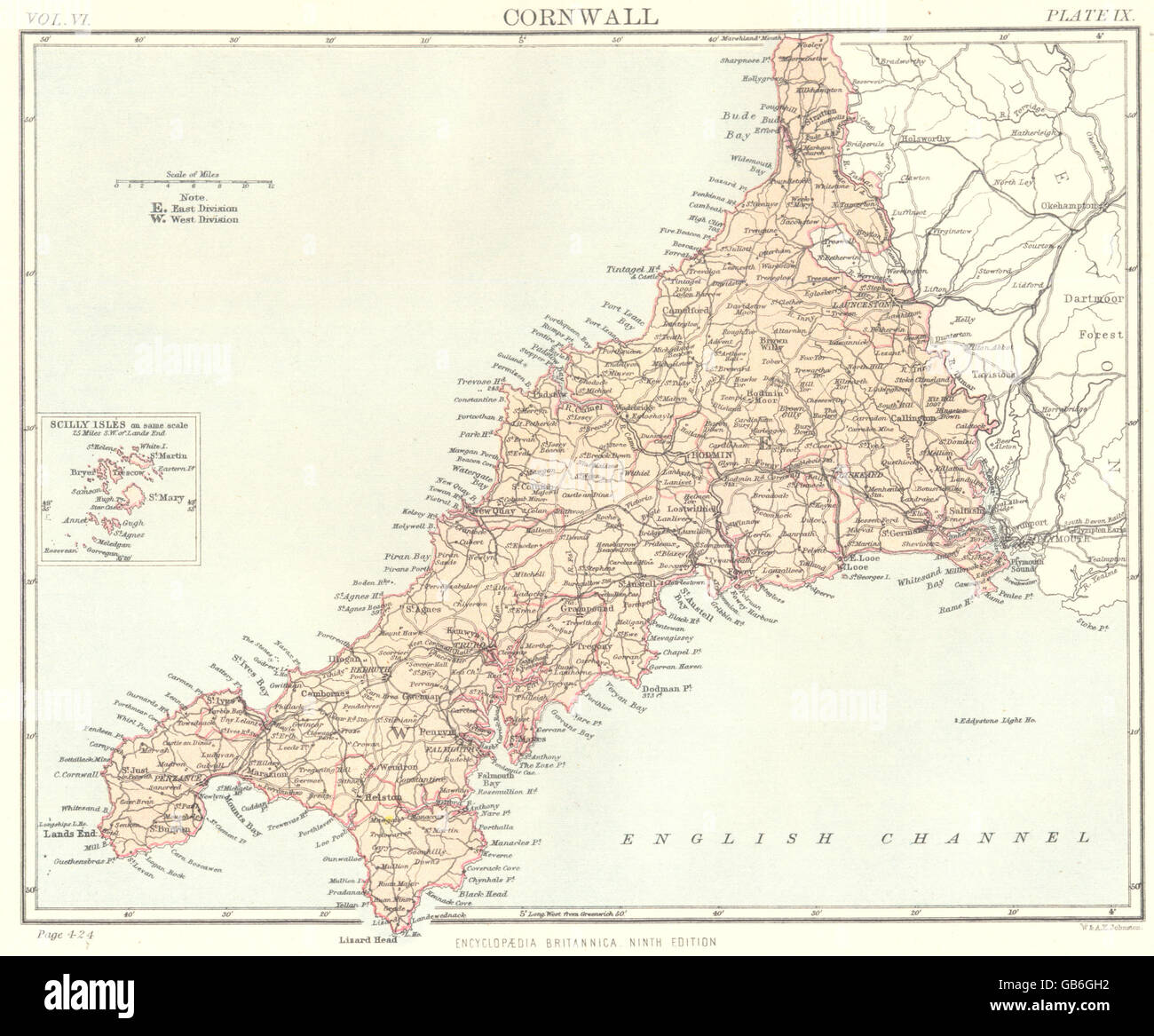 CORNWALL : carte grande échelle des îles Scilly. Britannica 9e édition, 1898 Carte du Comté Banque D'Images