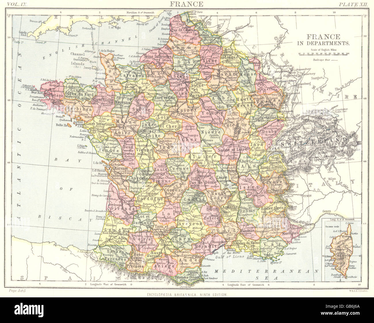 FRANCE : les départements departements ; Médaillon corse. Britannica 9e édition 1898 la carte Banque D'Images