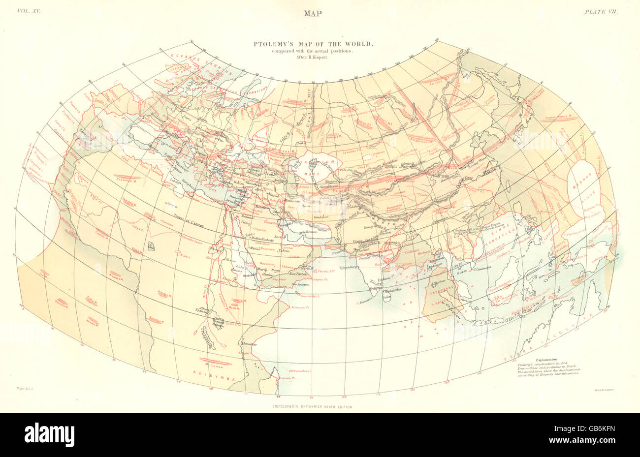 Carte DU MONDE DE PTOLÉMÉE : par rapport aux positions réelles. Kiepert. Britannica 1898 Banque D'Images