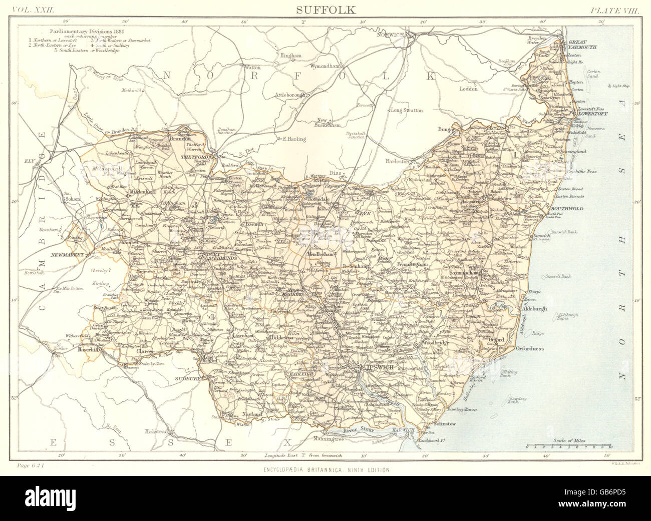 SUFFOLK : montrant 1885 divisions parlementaires. Britannica 9e ed.County map 1898 Banque D'Images