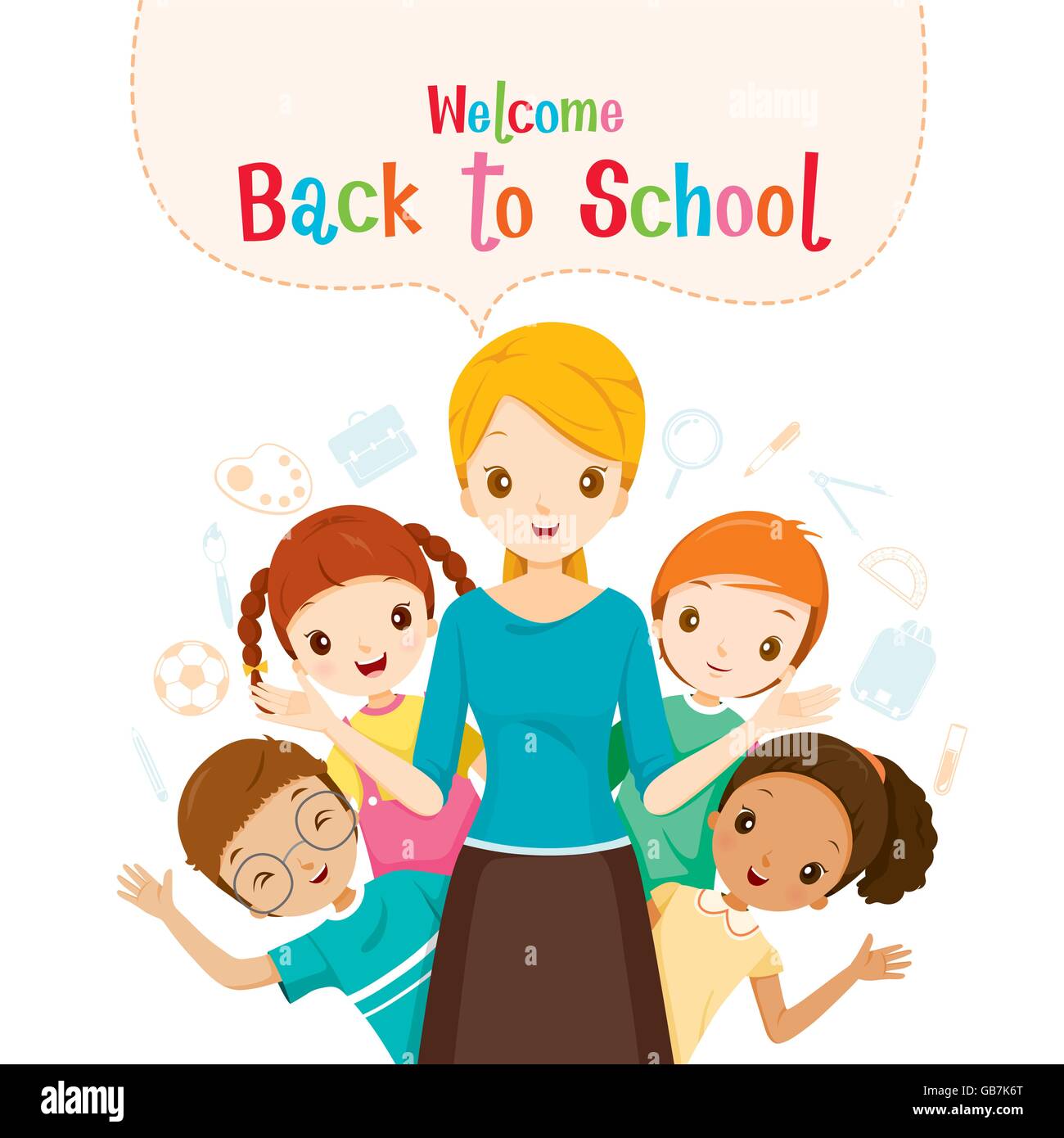 Retour à l'école, enseignant, étudiant et d'icônes, de la Journée mondiale du livre, l'éducation, de la papeterie, livre, enfants, aide pédagogique Illustration de Vecteur