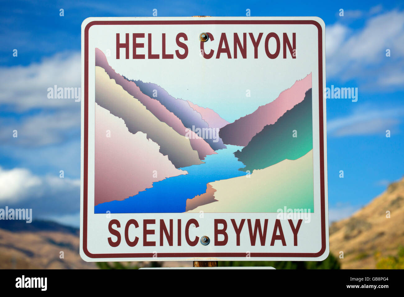 Byway signe, Hells Canyon National Recreation Area, Hells Canyon National Scenic Byway, Oregon Banque D'Images