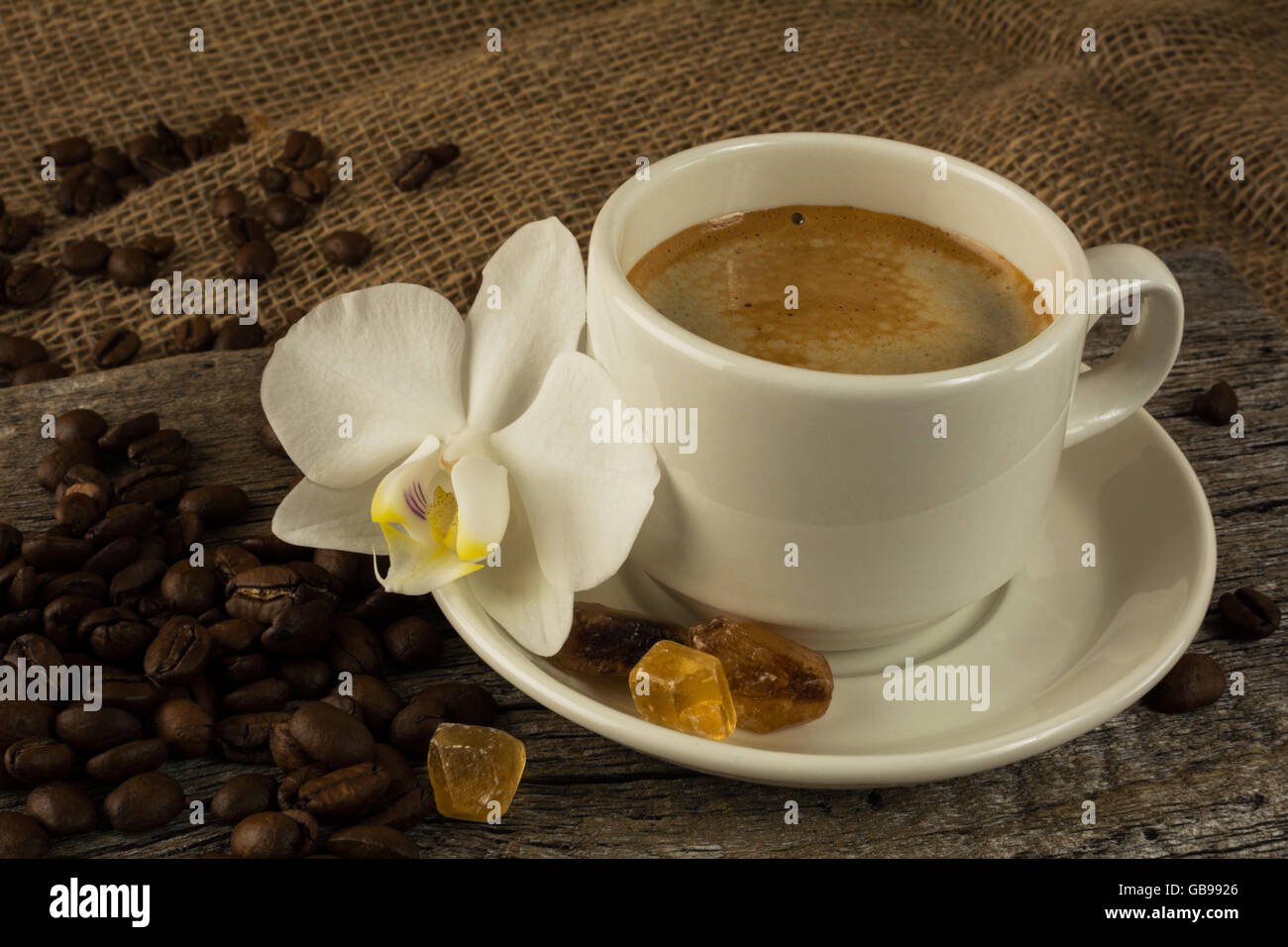White tasse de café du matin et des grains de café. Le café du matin. Tasse à café. Café fort Banque D'Images