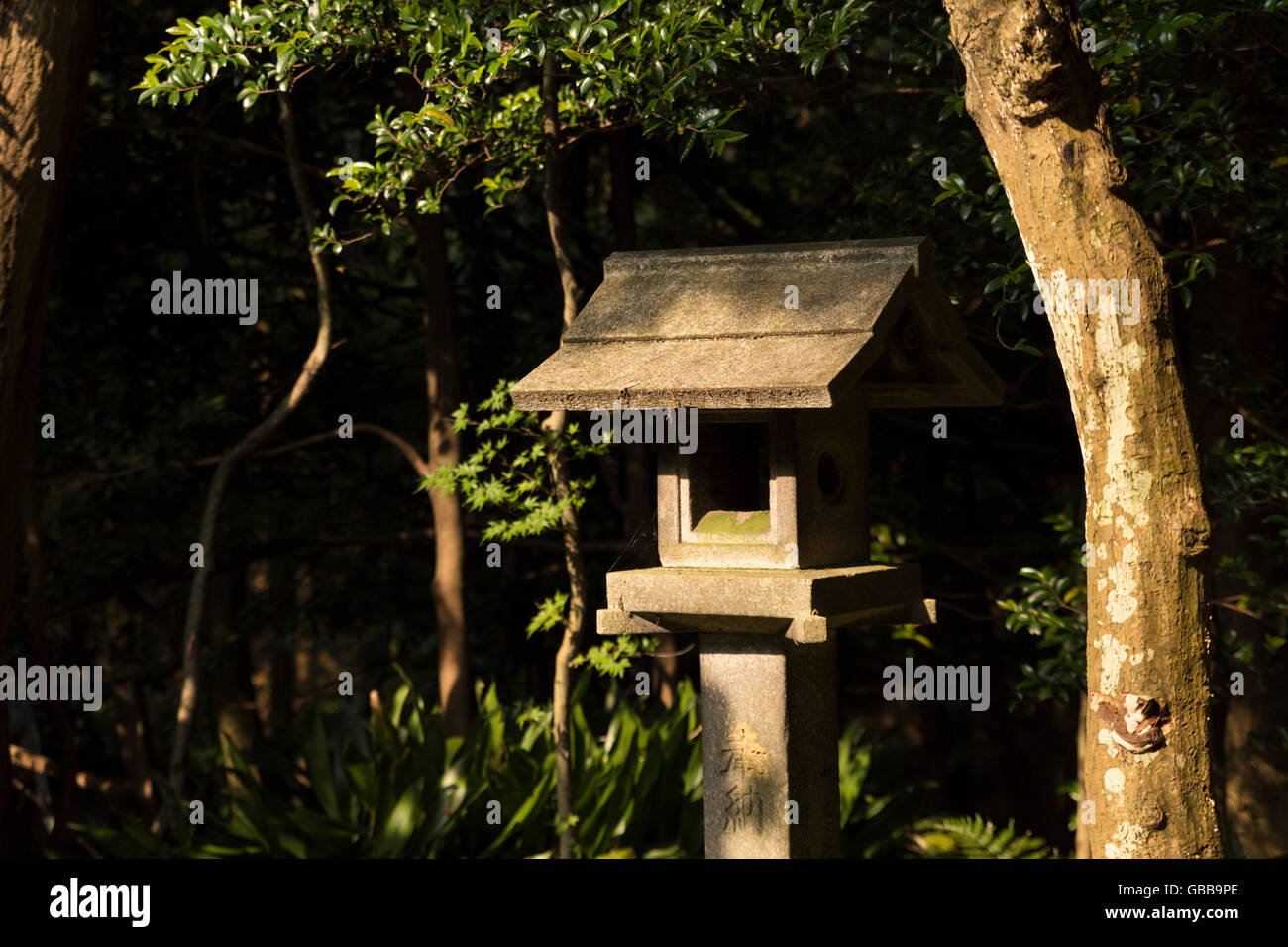 L'une des nombreuses petites pagodes en pierre debout dans la forêt à côté de la voie principale du sanctuaire Fushimi Inari à Kyoto, Japon Banque D'Images