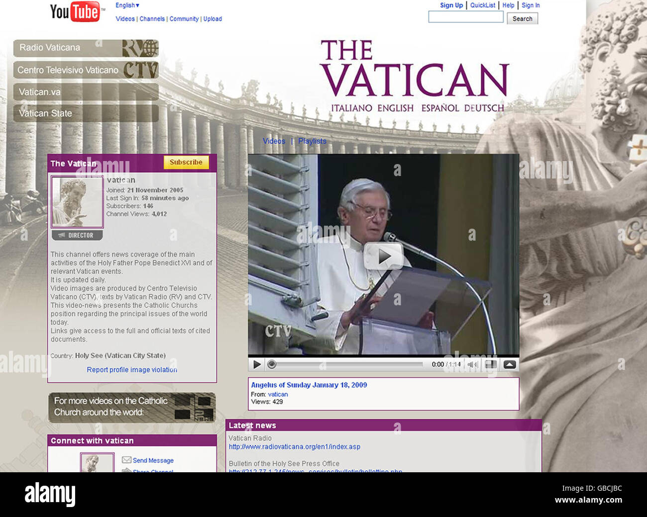 Screengrab sans date pris de la nouvelle chaîne YouTube du Vatican, qui a été lancé aujourd'hui. Banque D'Images