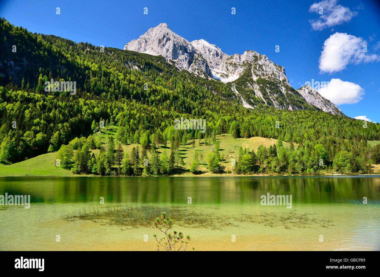 Wettersteinspitzen Ferchensee, le lac, les montagnes de Wetterstein, Karwendel, vallée de l'Isar, Mittenwald, Upper Bavaria, Bavaria, Germany Banque D'Images