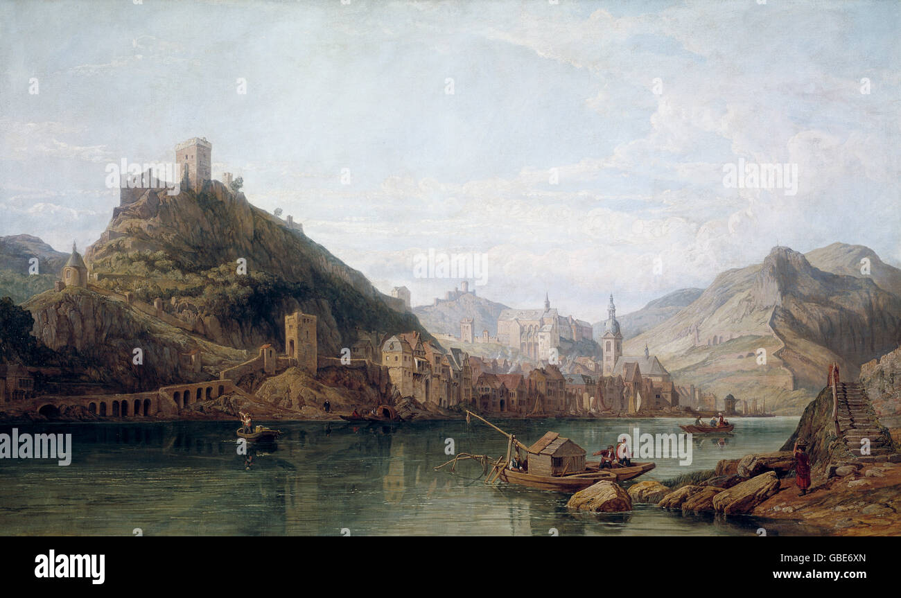 Beaux-arts, Stanfield, George Clarkson (1828 - 1878), peinture, Cochem - voir avec les ruines de château et fortifications - la Banque de la rivière Moselle, huile sur toile, 76 x 127 cm, Banque D'Images