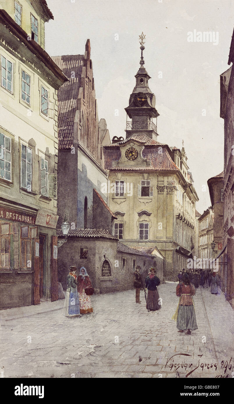 Géographie / Voyage, République Tchèque, Prague, scènes de rue, scène dans le quartier juif, en arrière-plan la tour de la synagogue, aquarelle, par Vaclav Jansa (1859 - 1913), 1895, Additional-Rights-Clearences-Not Available Banque D'Images