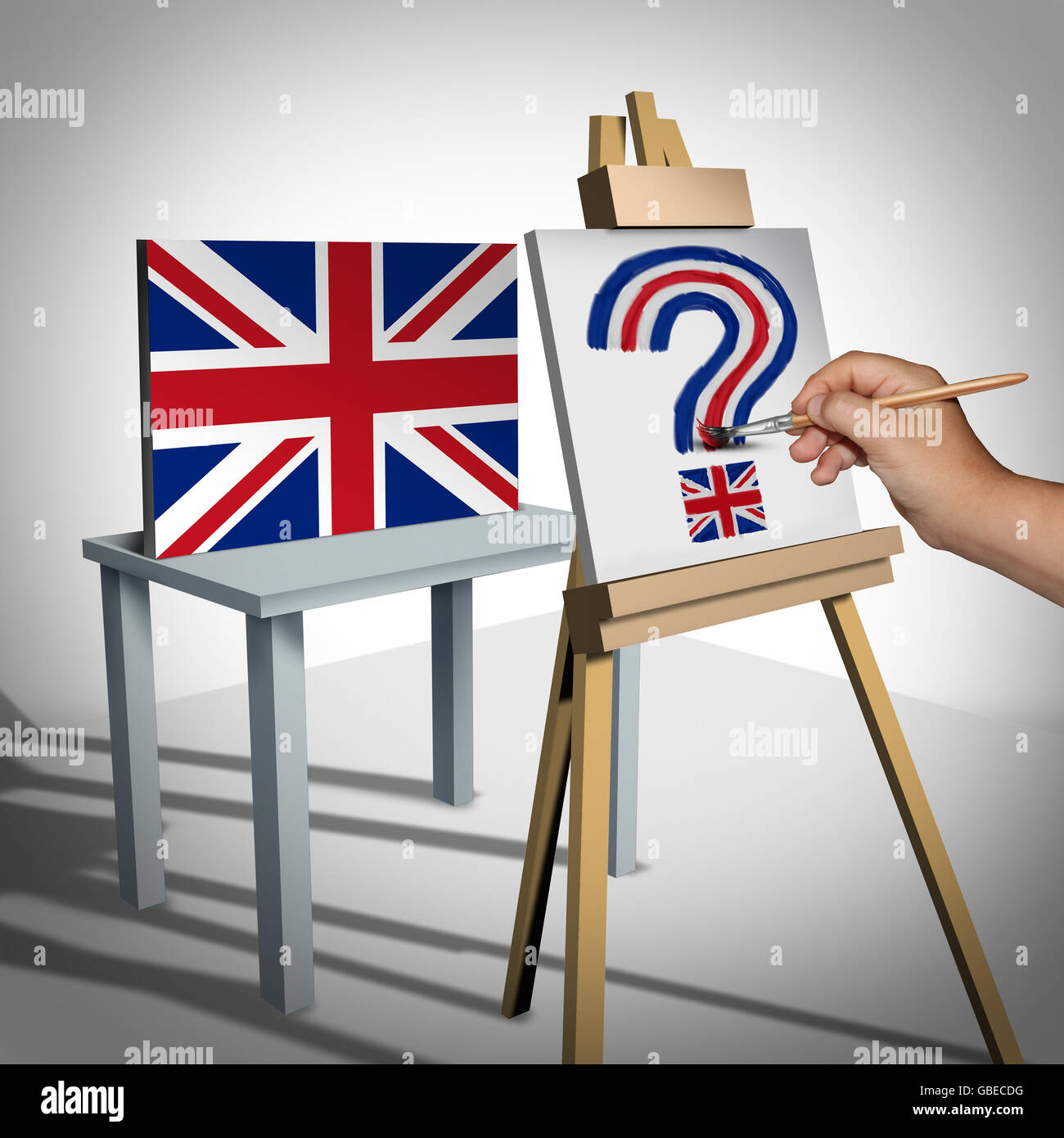 La Grande-Bretagne ou l'incertitude britannique comme un concept brexit représentant le Royaume-Uni vote de quitter ou de confusion politique avec la zone euro et l'Europe la décision d'adhésion comme indicateur peinte comme un point d'interrogation avec 3D illustration éléments. Banque D'Images