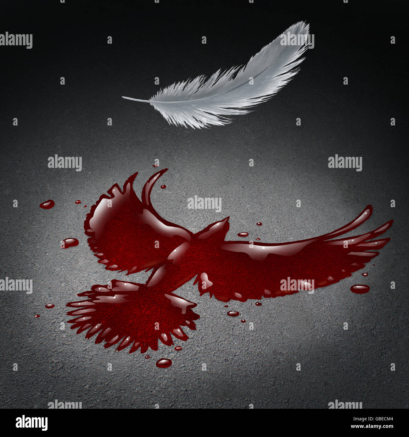 Crise de sécurité concept comme du sang sur une rue en forme d'une colombe de la paix avec une plume blanche tomber comme une métaphore de la violence et de la guerre mondiale et la tragédie de la société avec les victimes de catastrophes dans un style 3D illustration. Banque D'Images