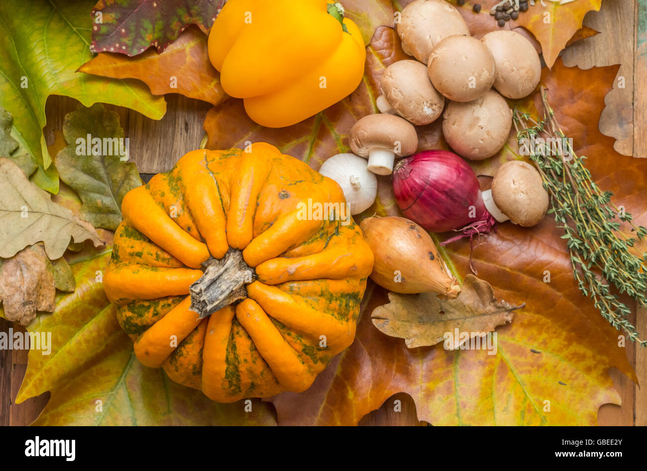 Assortiment de légumes sur les feuilles d'automne avec du potiron, l'oignon et les champignons Banque D'Images