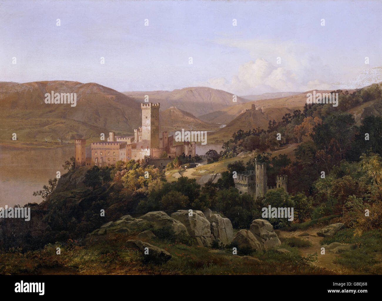 Beaux-arts, Trost Richards, William (1833 - 1905), peinture, 'tolzenfels avec Château Lahneck", huile sur toile, 61,5 cm x 85,5 cm, 1856, Banque D'Images