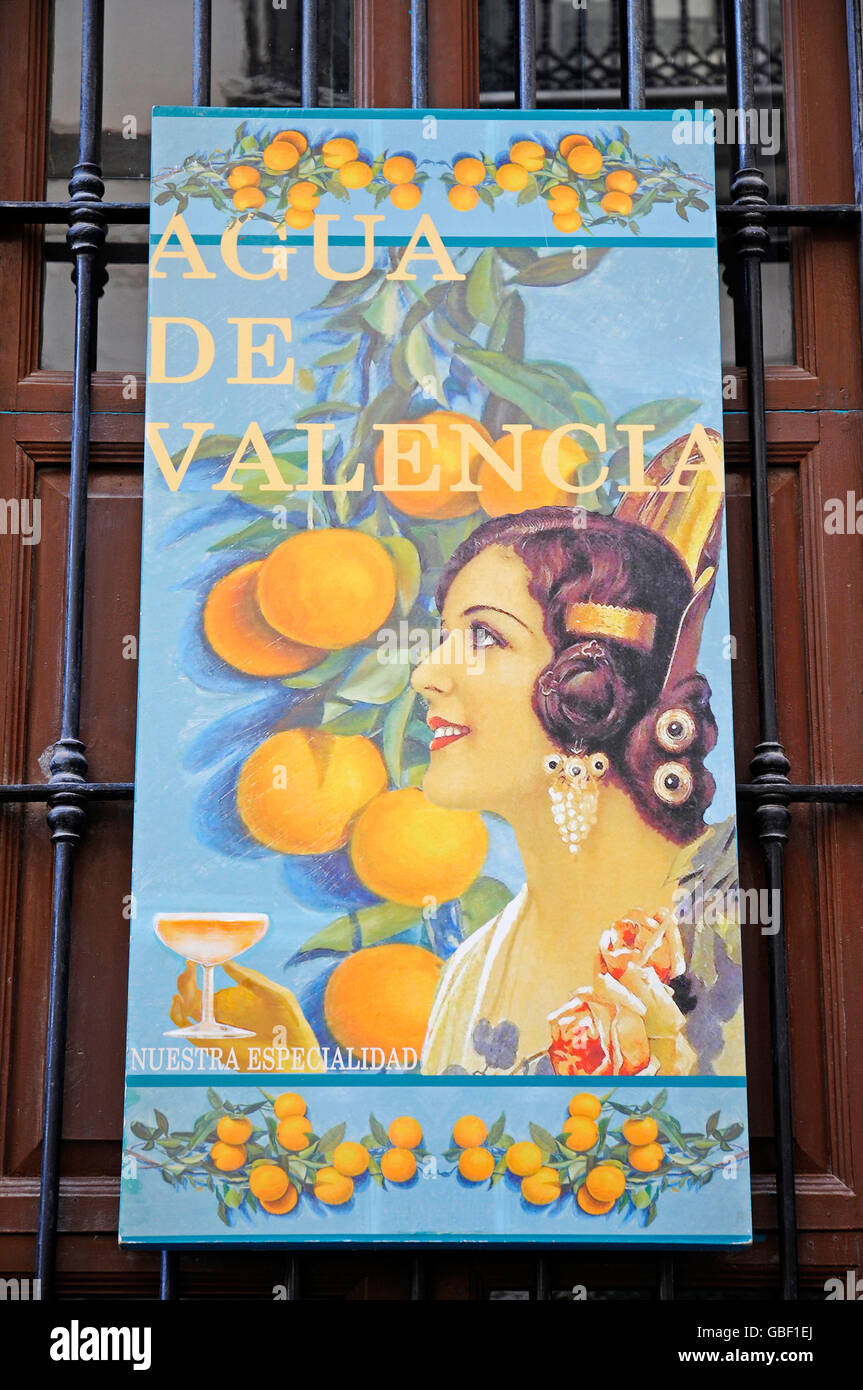 Agua de Valencia, affiche publicitaire pour un cocktail typique, Valence, Communauté Valencienne, Espagne, Europe Banque D'Images