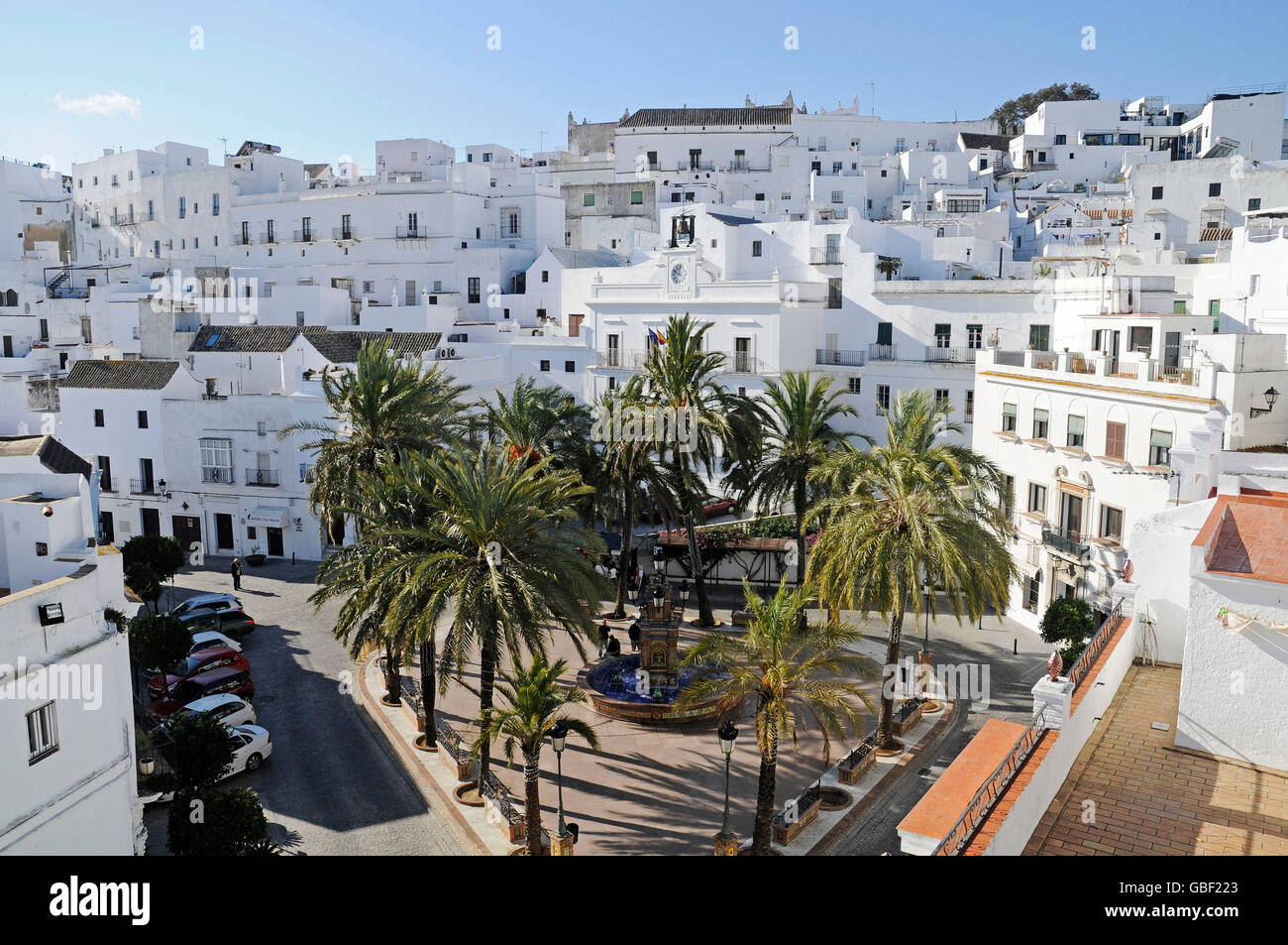 Plaza de Espana, carré, Vejer de la Frontera, province de Cadiz, Costa de la Luz, Andalousie, Espagne, Europe Banque D'Images