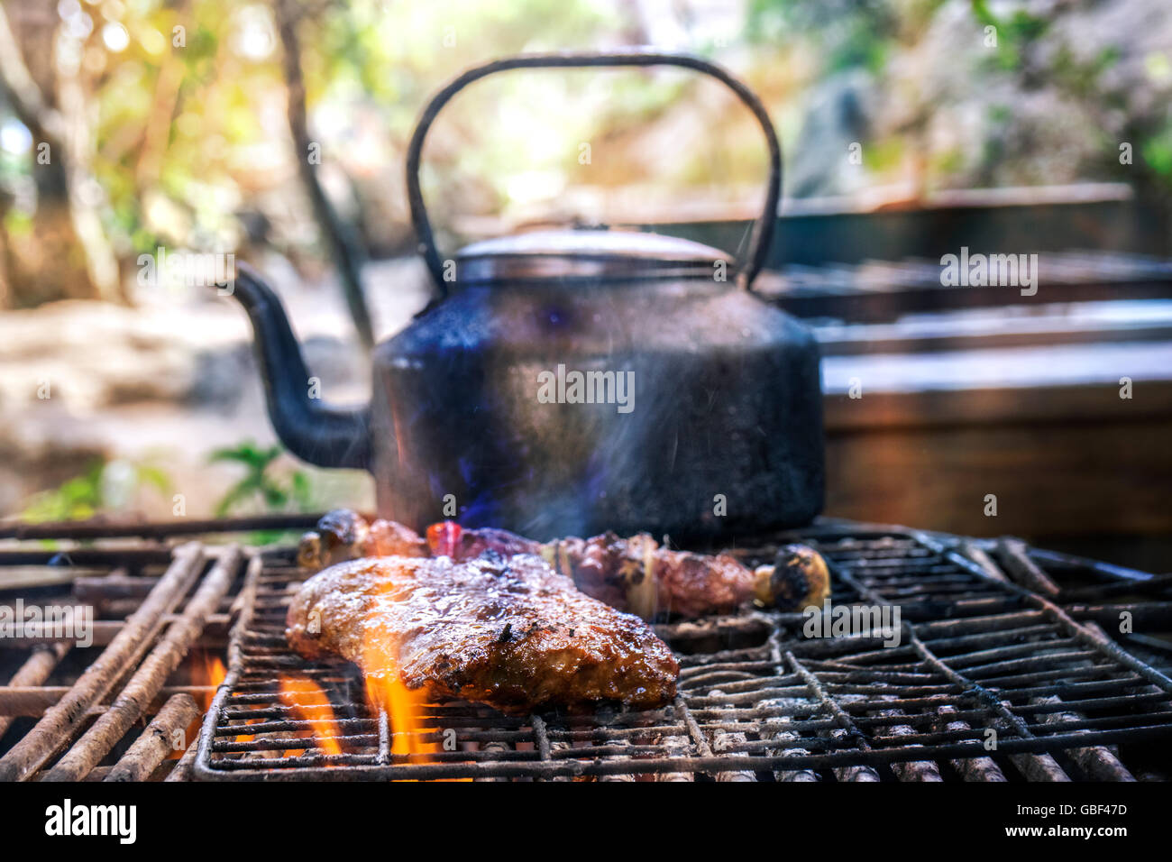 L'Afrique du Sud barbecue cuisine extérieure avec viande et spareribs brochette sur le barbecue. Dans l'arrière-plan il y a un électrique Banque D'Images