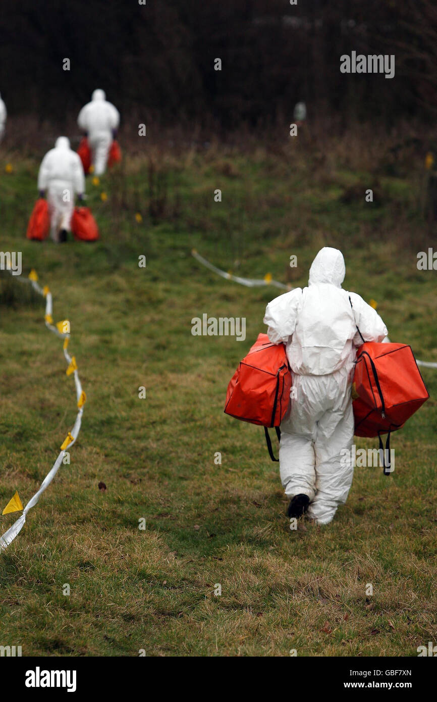 Les médecins légistes effectuent une fouille au bord de la réserve naturelle de Bog Meadows dans l'ouest de Belfast après une recherche de tombes de bébés non marquées, après avoir découvert d'autres restes humains. Banque D'Images