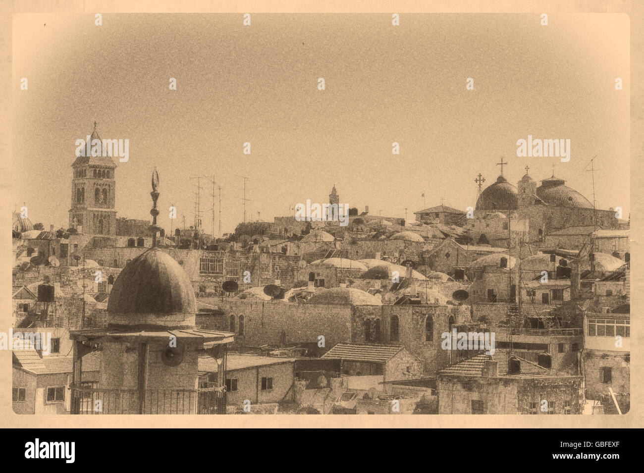 Vue sur la vieille ville de Jérusalem, effet photo vintage Banque D'Images