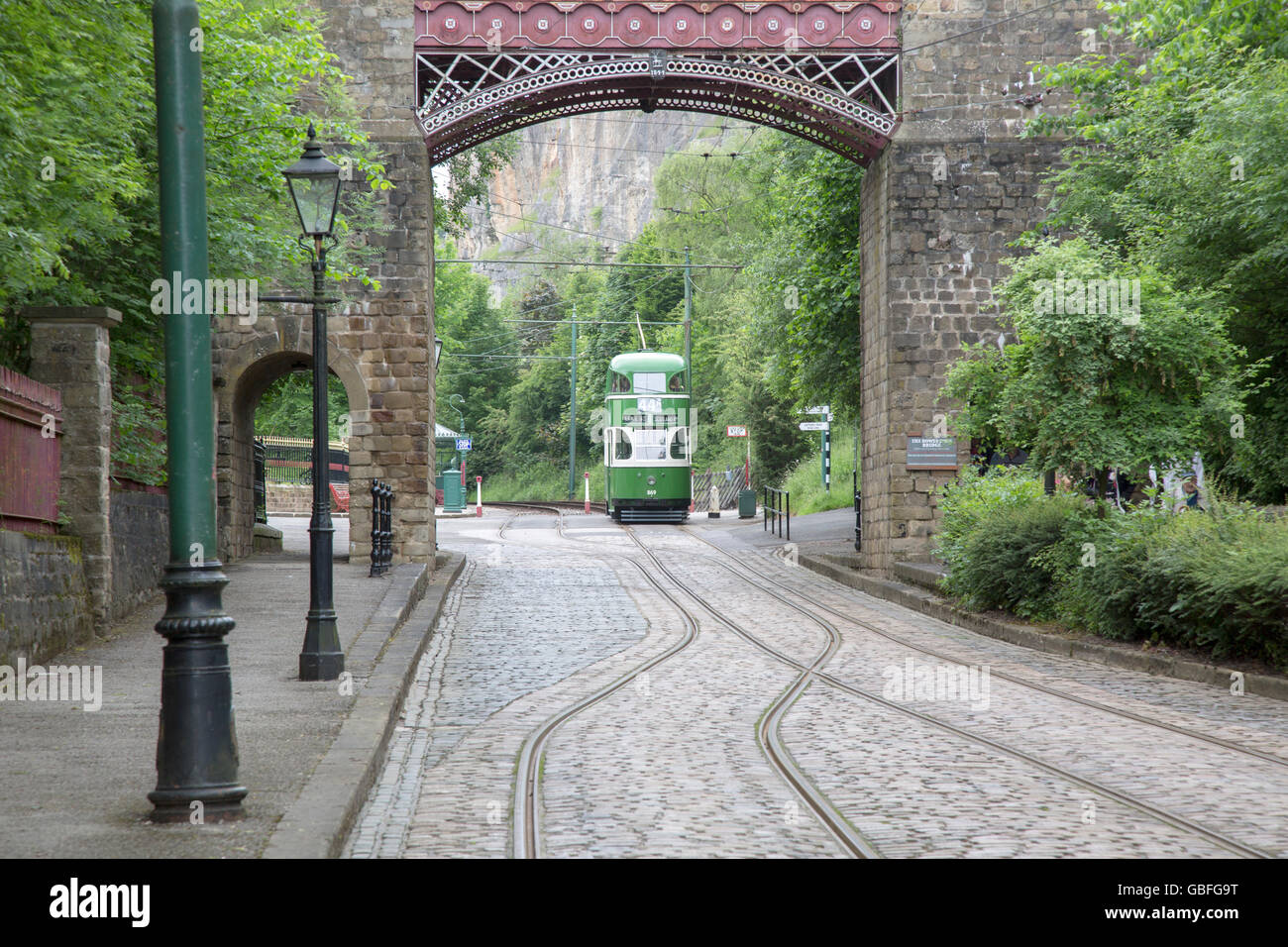 Tramway Tramway nationale à Liverpool Museum et Village, Crich, Derbyshire, Angleterre, Peak District Banque D'Images