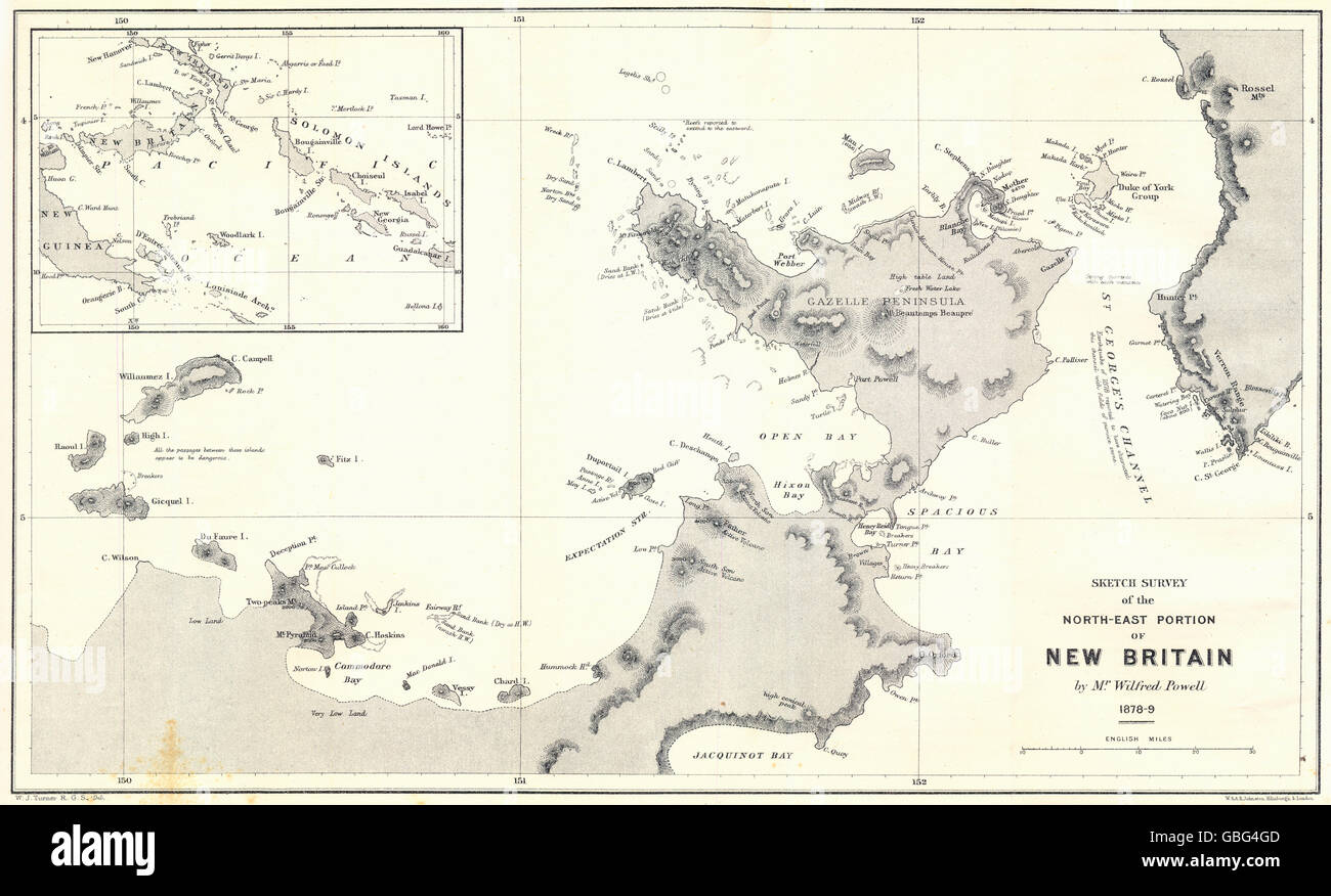 NE NOUVELLE Grande-bretagne : Enquête Powell. Péninsule de gazelle. Îles Salomon. RGS, 1881 map Banque D'Images