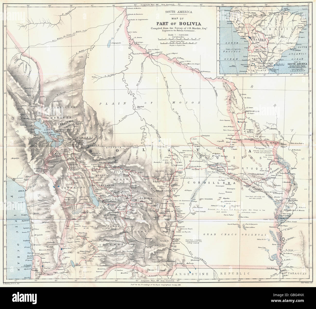 Bolivie : La Guerre du Pacifique une modification des frontières. Minchin interrogés. RGS, 1881 map Banque D'Images