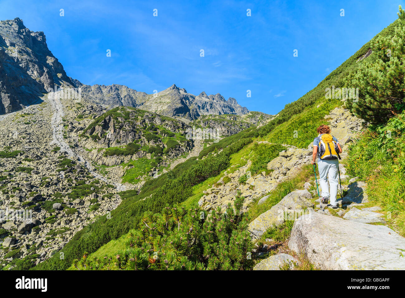 Jeune femme backpacker sur sentier de randonnée en été, paysage de hautes montagnes Tatras, Slovaquie Banque D'Images