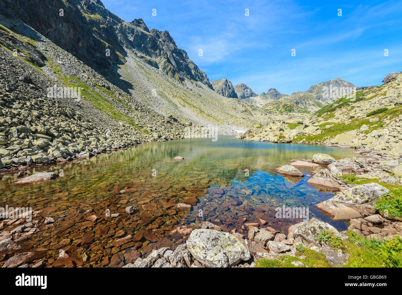 Vue sur lac alpin dans le paysage estival de Starolesna vallée, Hautes Tatras, Slovaquie Banque D'Images