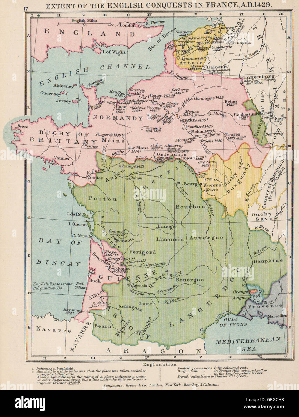 Guerre de Cent Ans : Anglais conquêtes en France, 1429, 1907 carte antique Banque D'Images