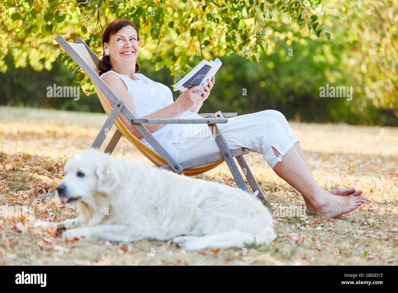 Senior woman reading sur une chaise longue avec chien dans le parc Banque D'Images