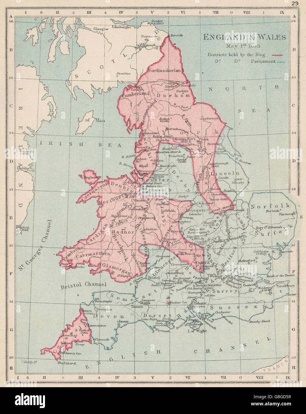 Guerre civile anglaise Mai 1643:King(rouge):Le Parlement(bleu).Batailles/dates, 1907 map Banque D'Images