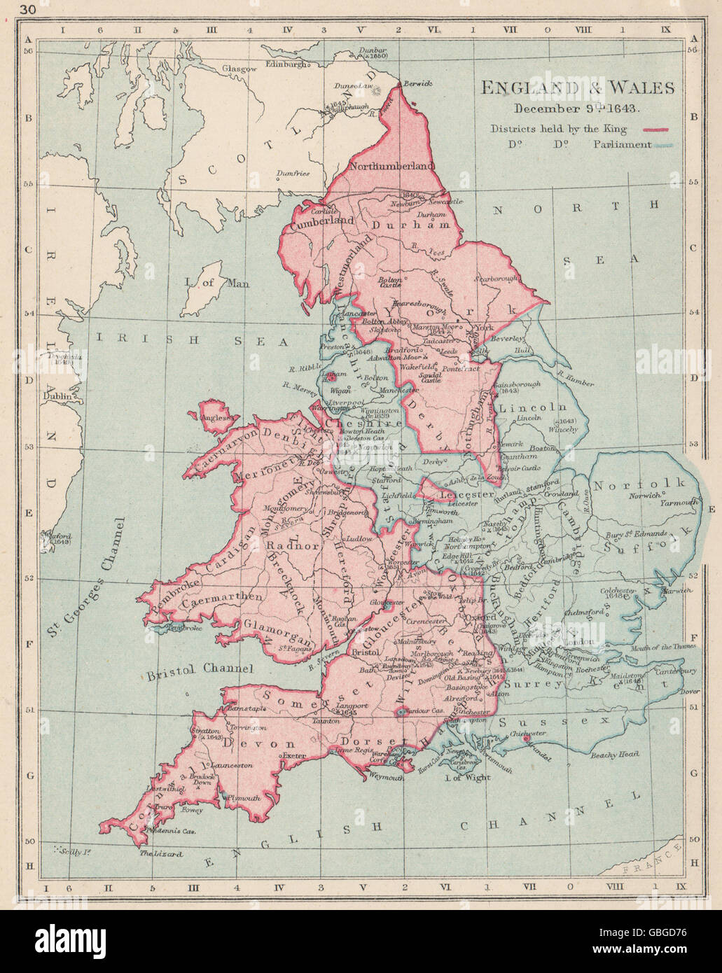 Guerre civile anglaise DEC 1643:King(rouge):Le Parlement(bleu).Batailles/dates, 1907 map Banque D'Images
