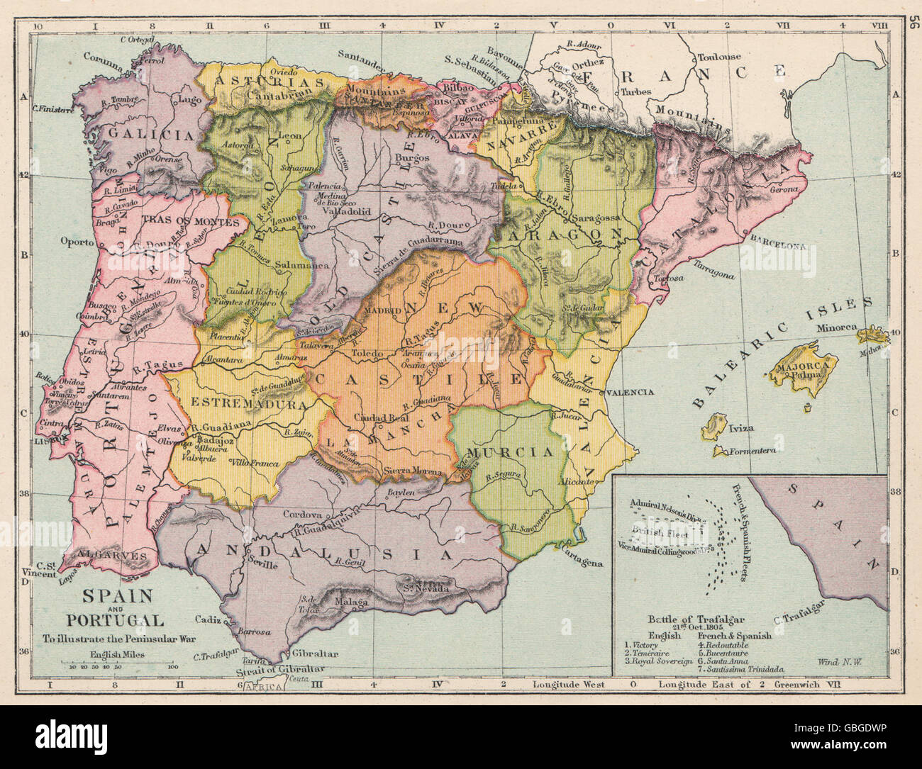 Guerre d'ESPAGNE : l'Espagne & Portugal montrant de bataille. Trafalgar en médaillon, 1907 map Banque D'Images
