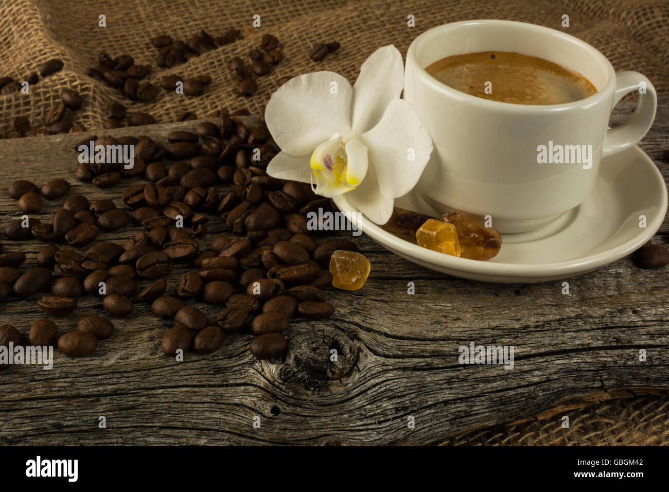 Tasse à café et orchidée blanche sur le fond de bois. Pause café. Le café du matin. Tasse de café. Tasse à café. Le café Banque D'Images