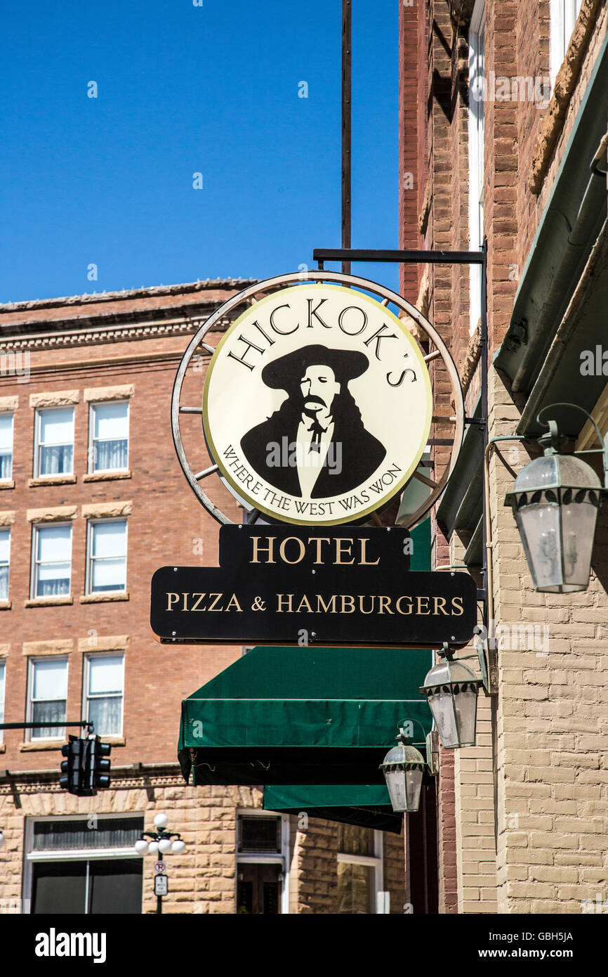 Signe de la pendaison de Hickok Hôtel à Deadwood dans le Dakota du Sud Banque D'Images