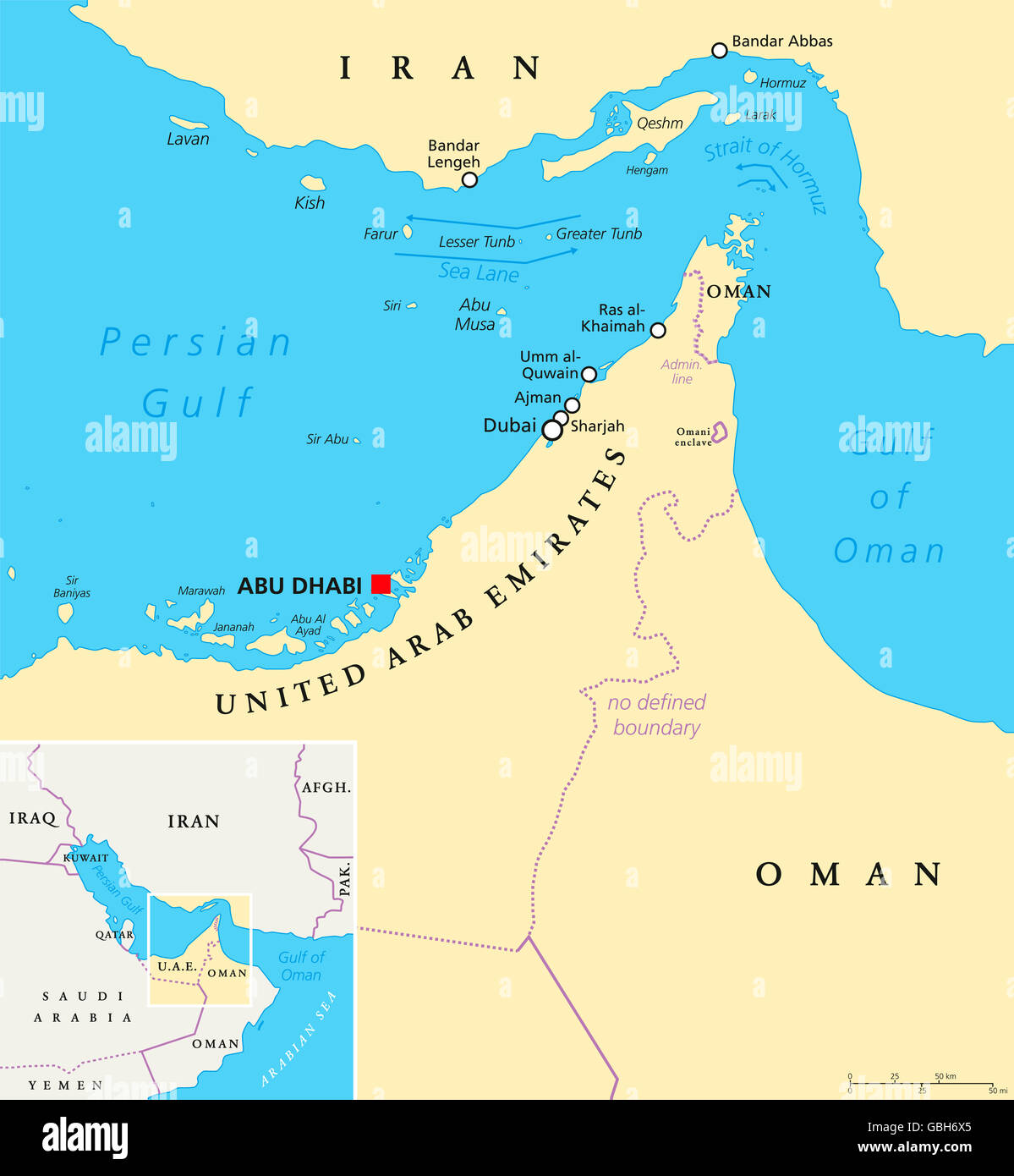 Détroit d'Ormuz, Abou Moussa et les îles Tunb carte politique. Seul passage de mer à partir de la région du golfe Persique à la mer d'Oman. Banque D'Images