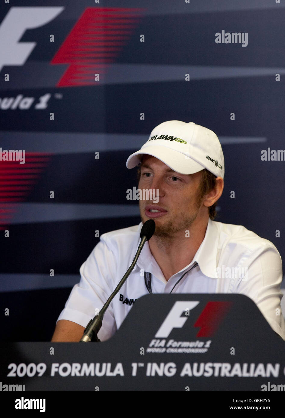 Formule 1 - Grand Prix d'Australie - Paddock Day - Albert Park - Melbourne.Jenson Button, pilote du groupe Brawn GP, lors d'une conférence de presse lors de la journée des Paddock à Albert Park, Melbourne, Australie. Banque D'Images